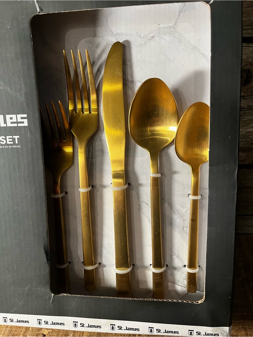 NEW 20 Pce ST JAMES Gold Stainless Flatware Set - Minimalist Monterey Pattern